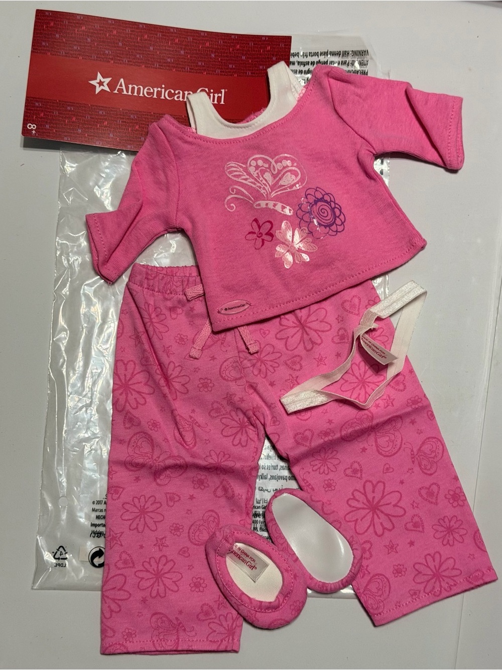 NWT Retired American Girl 2017 Pink Butterfly Pajamas - Complete 5-Piece Set